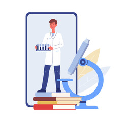 Scientist with chemical test tubes and microscope vector illustration isolated.