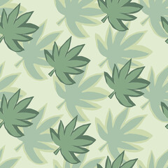 Seamless pattern with pastel blue hemp leaves. Light background.