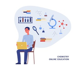 Cartoon student learning chemistry on laptop - online education poster