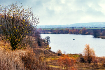 Obraz premium Autumn forest with bare trees by the river in cloudy weather