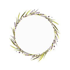 Frame with flowers lavender and leaves on white background. Waterclolor illustration.