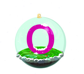 O, vector christmas snowy letter, winter font, snow glass ball