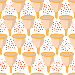 Seamless background with menstrual cup. The trending topic of avoiding waste and keeping the planet clean. Women s health and the menstrual cycle. Background for packaging, instructions