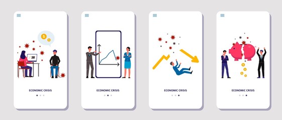 Obraz premium Economic crisis mobile app onboarding slide set with cartoon people