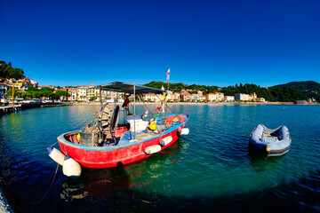 Fishermen boat in the small harbor of San Terenzo di Lerici Liguria Italy