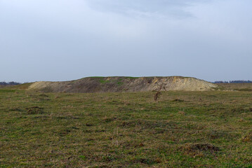 Slope of a small clay hill in a field in spring. Landscape.