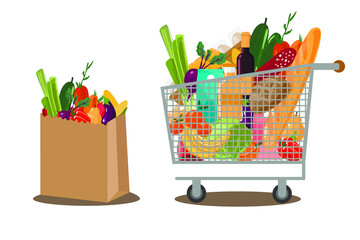 Shopping bags and baskets flat vector illustrations set.Natural food, organic fruits and vegetable.