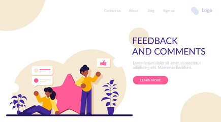 People leave feedback and comments with a score of five being the highest. Evaluation of a product or service. A person shares his opinion. Modern flat illustration.