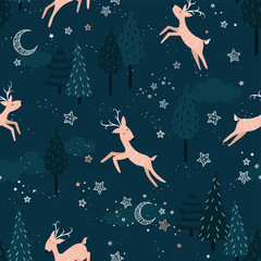 Obraz na płótnie Canvas Lovely hand drawn forest seamless pattern with deer and trees. Great for textiles, banners, wallpapers, wrapping - vector design