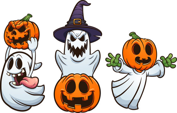 Halloween ghosts and pumpkins with evil smiles. Vector clip art illustration with simple gradients. Each on a separate layer. 
