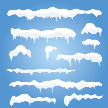 Set of white snow caps. Snow caps, snowballs and snowdrifts are installed. Winter cartoon snow caps, snowdrifts and icicles.