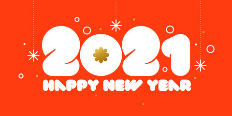 Happy New Year 2021 design with golden snowflake and white rounded numbers on red background. Modern vector illustration for business diary cover, brochure, calendar or greeting card