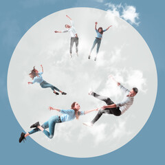 Mid-air beauty cought in clouds. Full length shot of attractive young woman and man hovering in air...