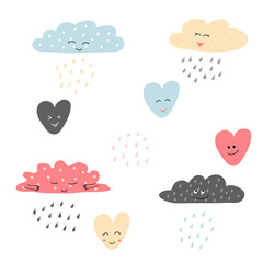 Vector illustration with cute cartoon hearts clouds and rain for kids room design. Hand drawn graphic. Perfect for baby postcard, brochure, flyer, page, banner, book, wall decoration