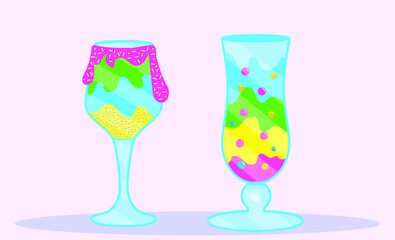 Set of two tropical alcohol cocktails in glass. Colorful bar drinks with topping, chia seeds and candu ice. Strawberry, pineapple, lime juice or smoothie. Cold fruit summer drinks vector illustration.