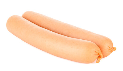 Two uncooked sausages in natural shell isolated on white background