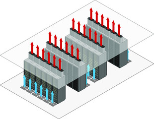 Data center hot and cold aisle rack/cabinet configuration/layout. Arrows show flow of hot and cold air.Cold air enters from raised floor. Hot air vents through chimneys into the ceiling cavity.