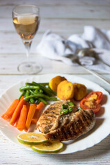 Vertical view of chicken steak  on a plate with use of selective focus 