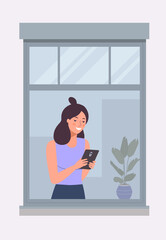 Happy girl looks into the tablet in the window. Vector flat style illustration