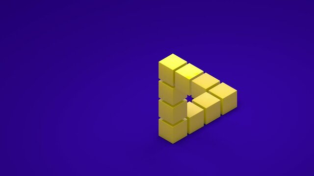 3D animation of an impossible triangle that is assembled from cubes and 3D text. The figure unfolds and reveals the mystery of the impossible triangle.