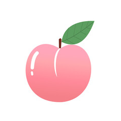 Pink peach with green leaf icon isolated on white background vector. Cute cartoon fruit.