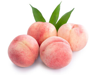 Peach fruit with leaf isolated on white background, Fresh White Peach on White Background 