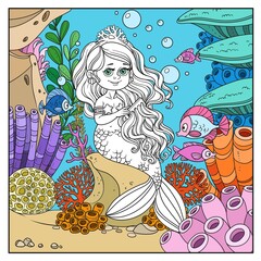 Beautiful little mermaid girl sits on a rock and combs her hair on underwater world frame with corals, fish and anemones page for coloring