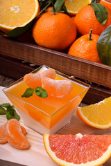 Creamy panna cotta and orange citrus jelly. Two layered dessert surrounded by fruits