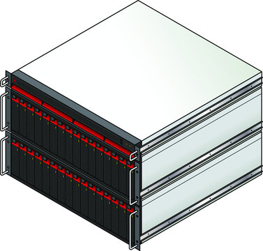 Rack-mount server components: a 1u storage controller with 2 3u storage enclosures with a total of 32 storage units installed.