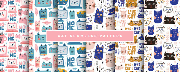 Vector seamless pattern set. Cute and funny cats isolated on the white background. Trendy animals in caps and glasses. Creative childish pink texture. Great for fabric, textile.