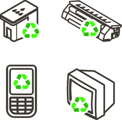 Recycling icons - printer ink cartridge, toner cartridge, mobile/cellular phone, and old tv/electronics.