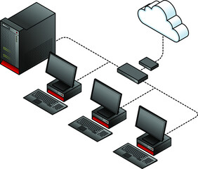 Diagram of a  simple wired network with a broadband modem / gateway, a network switch / hub, and computers and a server.