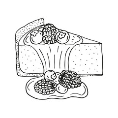 Tasty cheesecake slice with jam and berries blueberry and raspberry isolated on white background. Vector hand drawn sketch illustration in doodle. Concept of pastry, bakery, confectionery, dessert.