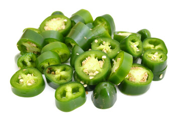 A pile of finely chopped chilli peppers on a white background