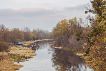 Boats on the river fall. Ukraine