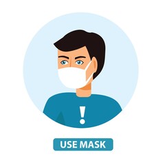 Man wear face mask vector. Vector Wear Face Mask sign. Warning sign recommend wear of protective face mask in prevention vs virus infection in health care. Coronavirus protection mask