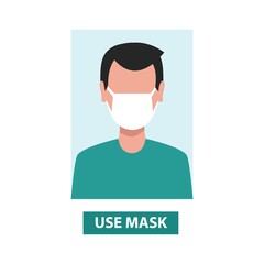 Man wear face mask vector. Vector Wear Face Mask sign. Warning sign recommend wear of protective face mask in prevention vs virus infection in health care. Coronavirus protection mask