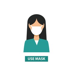 Woman wear mask vector. Vector Wear Face Mask sign for women. Warning sign recommend use of protective face mask in prevention vs virus infection in health care. Coronavirus protection mask