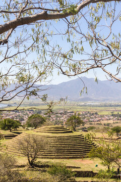 Guachimontones Circular Step Pyramid Ancient Archaeological Site View Framed by Tree Branches with Valley and Mountain Background in Teuchitlan, Jalisco, Mexico - Travel Photography Background