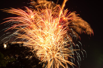 Fireworks against the night sky. Orange and yellow lights of the fireworks. Beautiful abstract drawing. Soon new year. Happy mood.