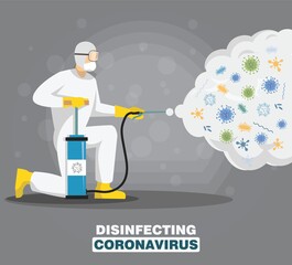 man in hazmat suit cleaning and disinfecting coronavirus cells epidemic mers-CoV virus disinfect protection concept wuhan 2019-nCoV pandemic health risk. disinfecting bacteria virus. cleaning  virus
