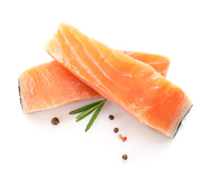 Raw salmon pieces and seasonings