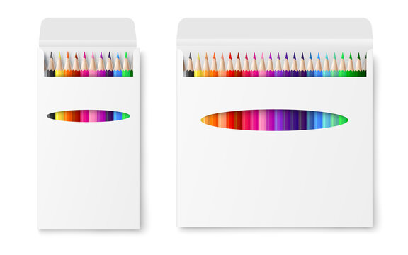 Two vector realistic boxes of colored pencils isolated on a white background.