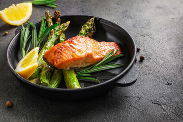 Delicious lunch, baked salmon with asparagus