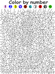 Fototapeta premium Pirate captain color by number for kids stock vector illustration. Funny pirate with big tricorn hat with skull, mustaches and sailor suit printablechildren worksheet.