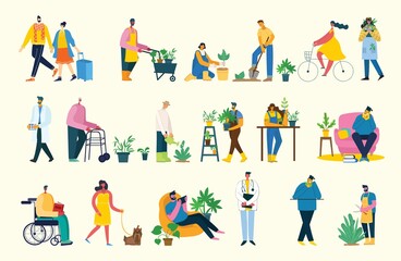 Fototapeta premium Take a break collage illustration. People have rest and drink coffee, use tablet on chair and sofa. Flat vector style.