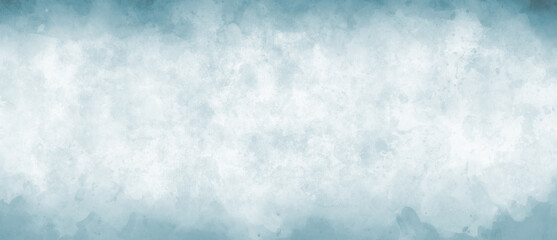 Fototapeta premium Watercolor background in blue and white painting with cloudy distressed texture grunge border, soft fog or hazy lighting and pastel colors