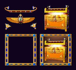 3D illustration of an ornate treasure chest surrounded by a golden decorative frame. Egyptian themed symbol for game