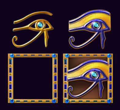 3D illustration of the solar eye or the Eye of Ra, representation of the ancient Egyptian god of the sun, surrounded by a golden decorative frame. Egyptian themed symbol for game