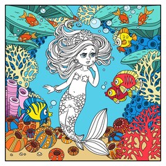 Cartoon little mermaid girl amazement communicates with the fish on underwater world frame with corals, fish and anemones page for coloring